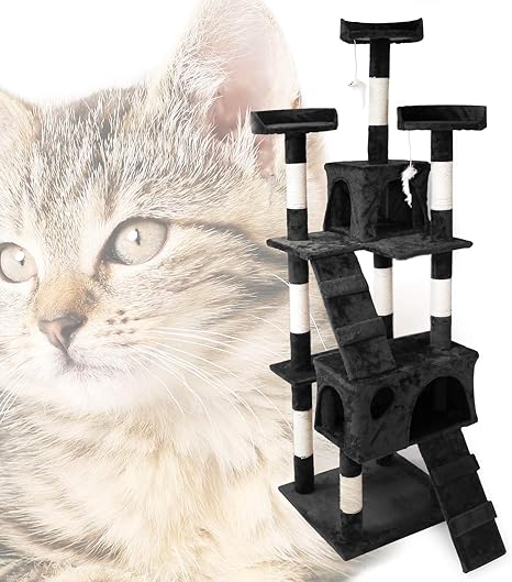 Wiltec Arbre à Chat En Noir 170cm Avec Cabanes échelles Et Plates Formes Pour Chats