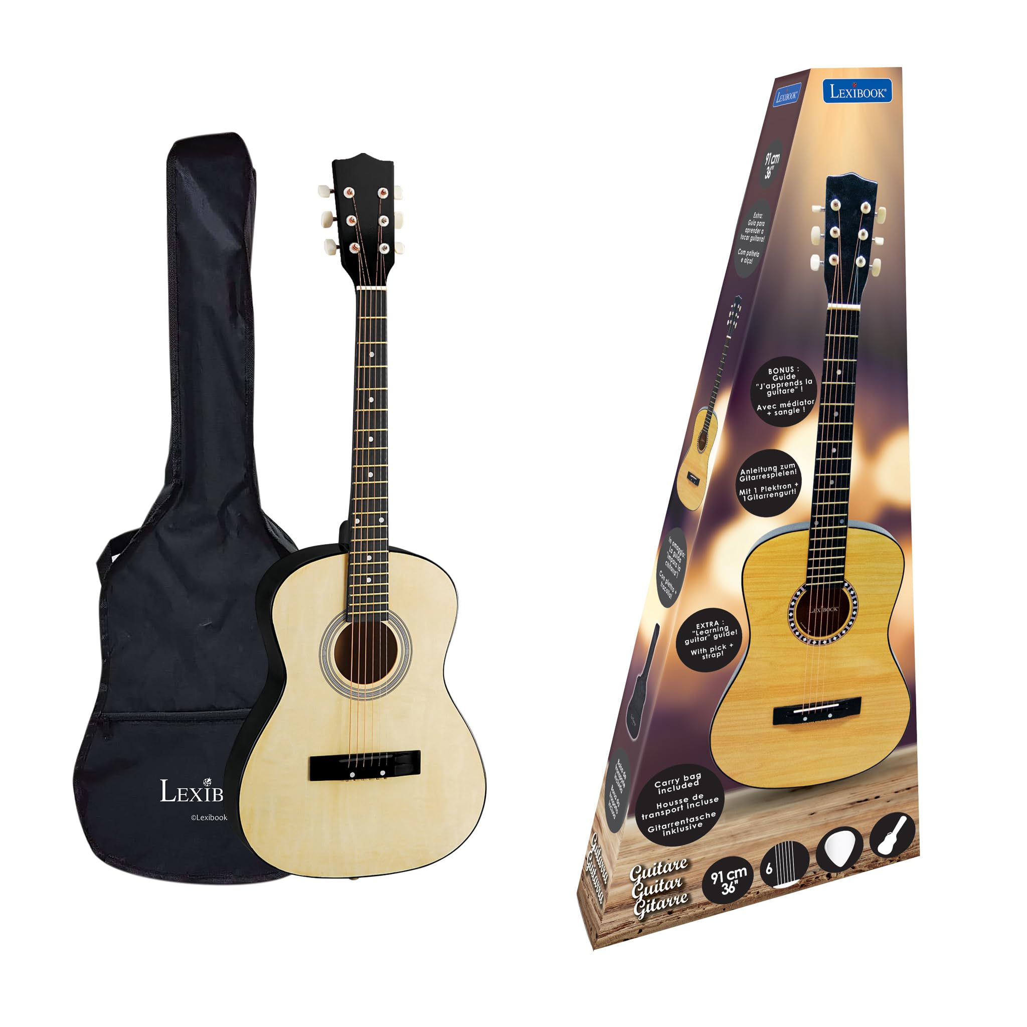 Lexibook, Wooden Acoustic Guitar, 36'' long, Learning guide included, 6 nylon strings, Carry bag included, Wood/Black, K2200