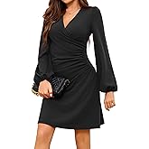 Women Puff Latern Sleeve Wrap V Neck Ruched Party Club Holiday Homecoming Night Out Cocktail Dress