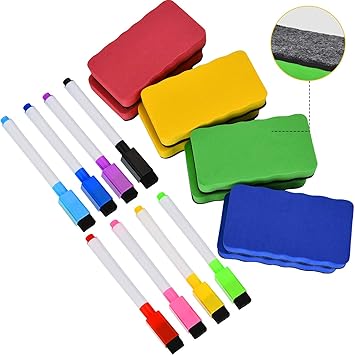 8 Stück Magnetisch Trocken Löschen Marker (8 Farben) und 8 Stück Magnetisch Trocken Löschen Radiergummis Whiteboard Löschen (