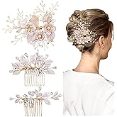 Dizila 3 Pieces Rose Gold Pearl Rhinestone Wedding Bridal Flower Hair Clip Barrette+Crystal Rhinestone Leaf Hair Side Combs Slides Hair Pins Headpieces Accessories for Brides Bridesmaids Women Girls