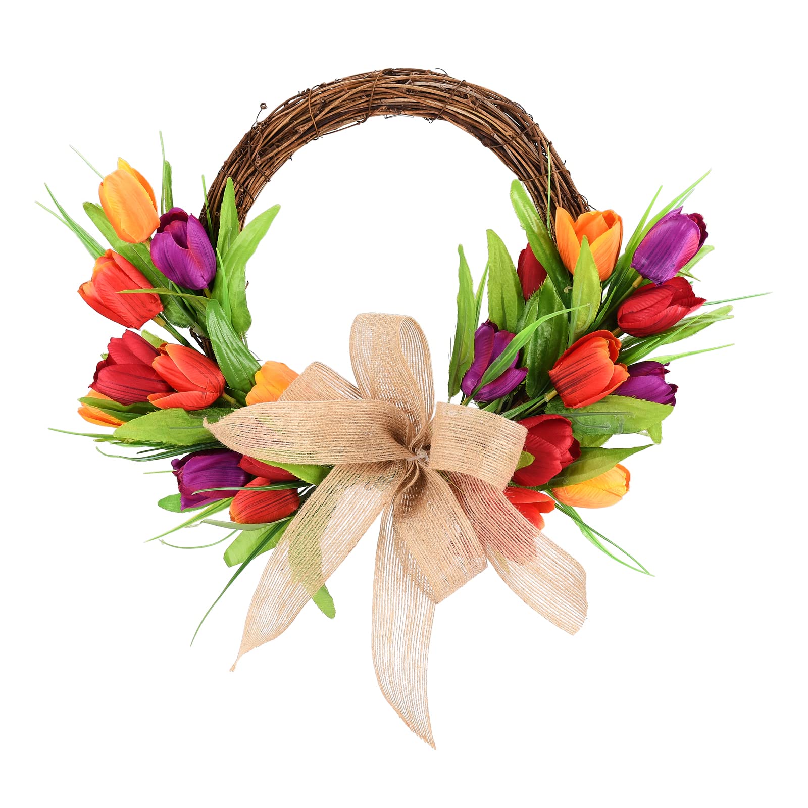 Baitang Artificial Assorted Tulip Wreath 40 CM Silk Tulip Wreath Half Coverage Spring Summer Wreath Welcome Wreath for Front Door with Green Leaves & Burlap Bow, 40 cm/15.7 inch