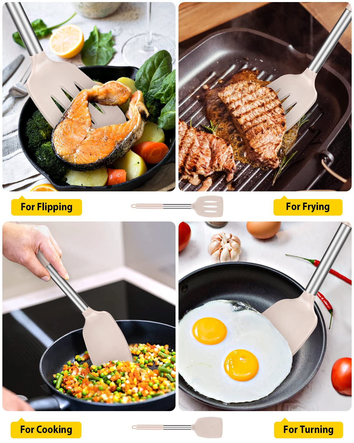 Pack of 2 Silicone Solid Turner, Non Stick Slotted Kitchen Spatulas, High Heat Resistant BPA Free Cooking Utensils, Ideal Cookware for Fish, Eggs, Pancakes(Stainless Steel Khaki)