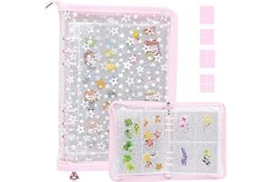 DOUBFIVSY Sticker Storage Organizer, Clear A5 Sticker Album for Collecting Sticker Zipper Binder Album Reusable Sticker Collecting Book with Blank Release Paper and Pocket (Star Pink)
