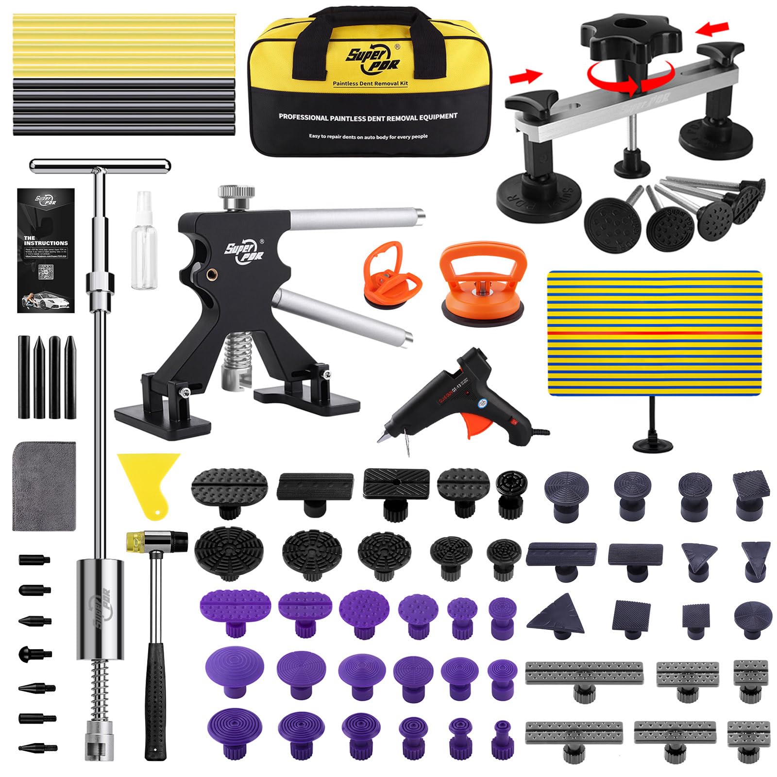 Photo 1 of Super PDR 112 Pcs Paintless Dent Removal Kit, with Black Lifter, Bridge Puller, Slide Hammer T-Bar, PDR Light Board, Suction Cup Dent Puller & 100W Glue Gun for Auto Body Dents, Hail Damage, Door Ding