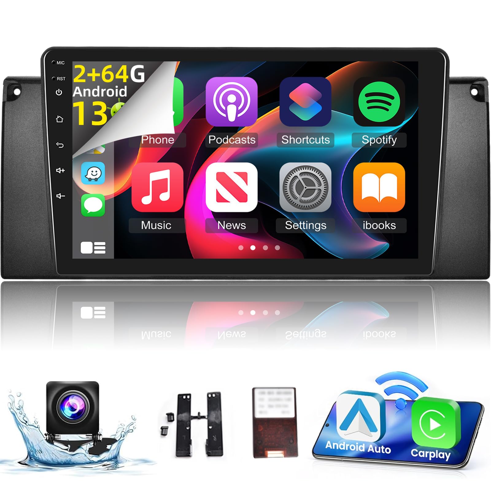Photo 1 of [2+64G] Car Radio for BMW X5 E53 1998-2006 - Wireless Carplay & Android Auto - 9 Inch HD Touchscreen Android 13 in-Dash GPS Headunit - WiFi, EQ, Mirror Link, SWC + AHD Rear View Camera + Canbus