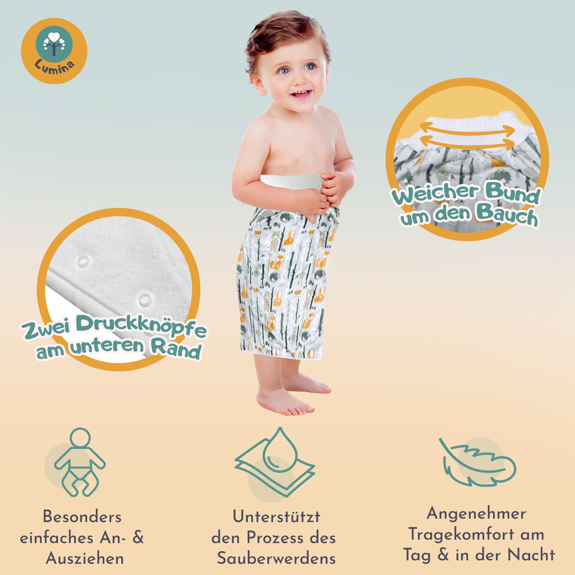 Lumina Windelrock Forrest Animals – Stilvoller Auslaufschutz für Babys & Kinder ab 2,5 bis 5 Jahren – Trainingshose & Überhose in der Nacht – Saugfähige Windelhose atmungsaktiv & waschbar, Größe 2 3