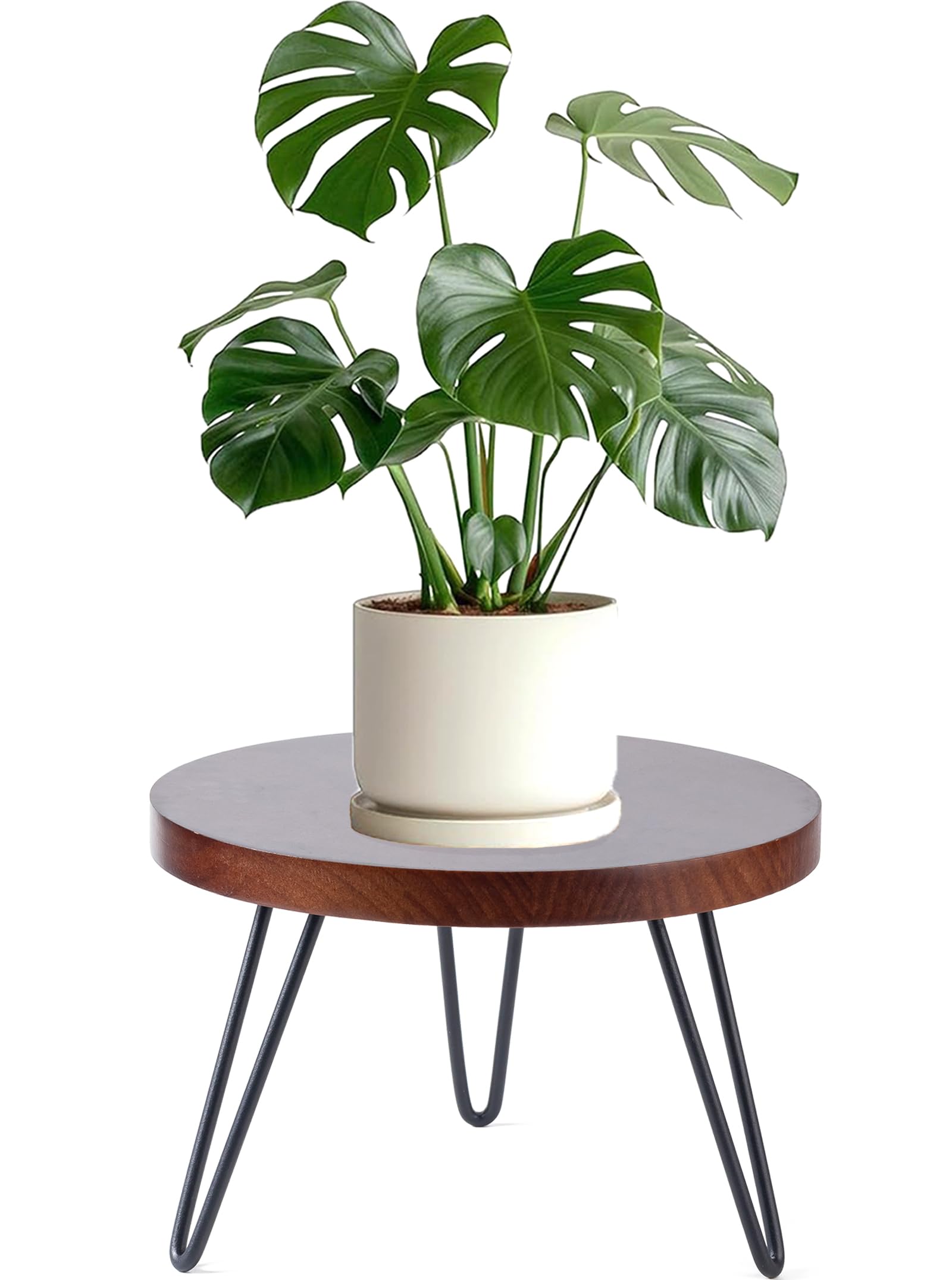 Photo 1 of Plant Stand Indoor Outdoor, Wooden plant Stool, Mid Century Plant Stand for Indoor Plants, Wood Modern Plant Holder Rattan Flower, Low Short Boho Rustic Planter Stand Fit 5-15 Inch Pot(Walnut wood, L)