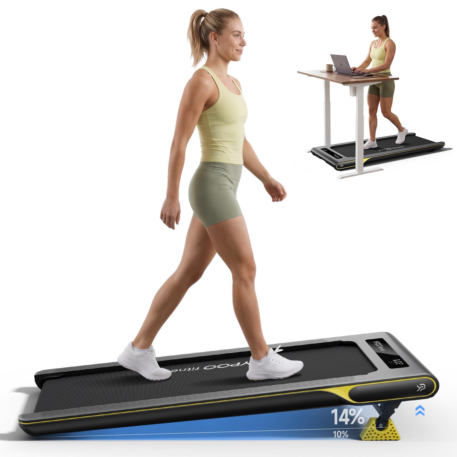 YPOO Ultra Slim Walking Pad Treadmill with 14% Incline, Under Desk Walking Pad with Auto-Maintenance System Belt, Smart App & Remote Control, Portable Treadmill for Home Office, 350LBS Capacity
