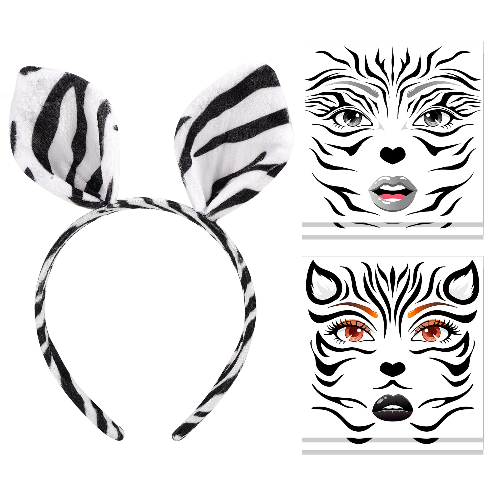 HOWAF Zebra Ears Headband & Halloween Face Tattoos Stickers, Animal Ears Headband for Zebra Costume, Carnival Halloween Costume Women Men