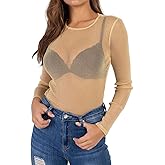 BelleLovin Women's Sheer Mesh Tops Long Sleeve Glitter Sexy Tops See Through Blouses