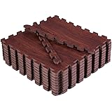 Eva Foam Floor Mat, Superjare Interlocking Flooring Tiles, 9 Pieces with Boarders Dark Wood Grain