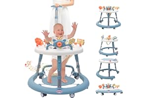 HXG Baby Walker, Baby Walker with Wheels & 4 Heights Adjustable, Foldable Baby Walker Include Musical Tray and PVC Pedals, Baby Walkers for Babies 6-18 Months