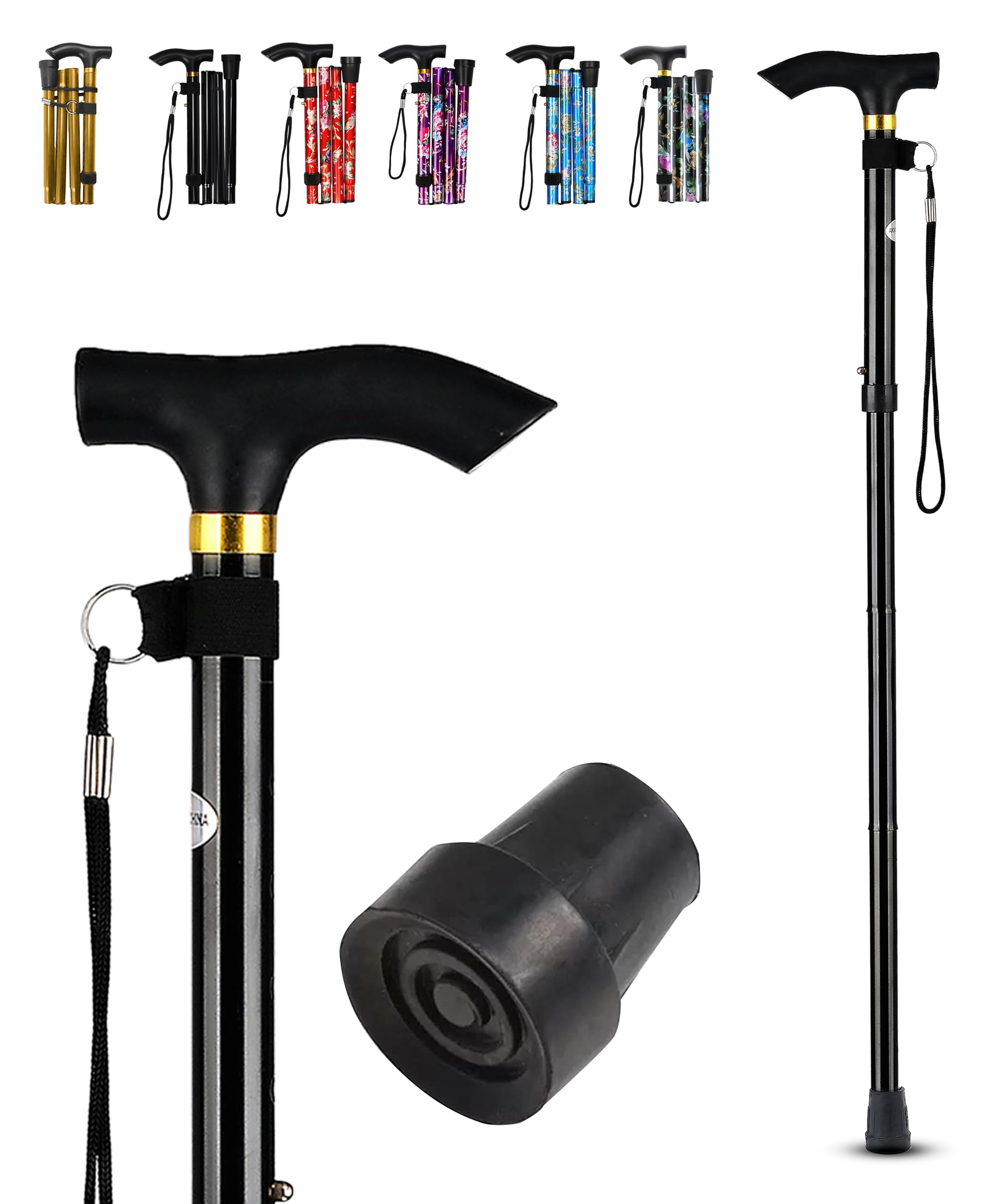LZZAZ® Walking Stick - Foldable & Height Adjustable Walking Sticks for Men – Lightweight Telescopic Walking Stick Rubber Ends, Stylish Multicolor Patterns & Ergonomic Grip Mobility Aids (Black)