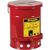 Justrite 6 Gallon Galvanized Steel Oily Waste Can | 16" x 12" Metal Oil Rag Safety Can With Foot Operated Self-Closing Lid for Oil Rag Disposal, Made in the USA, Red, 09100