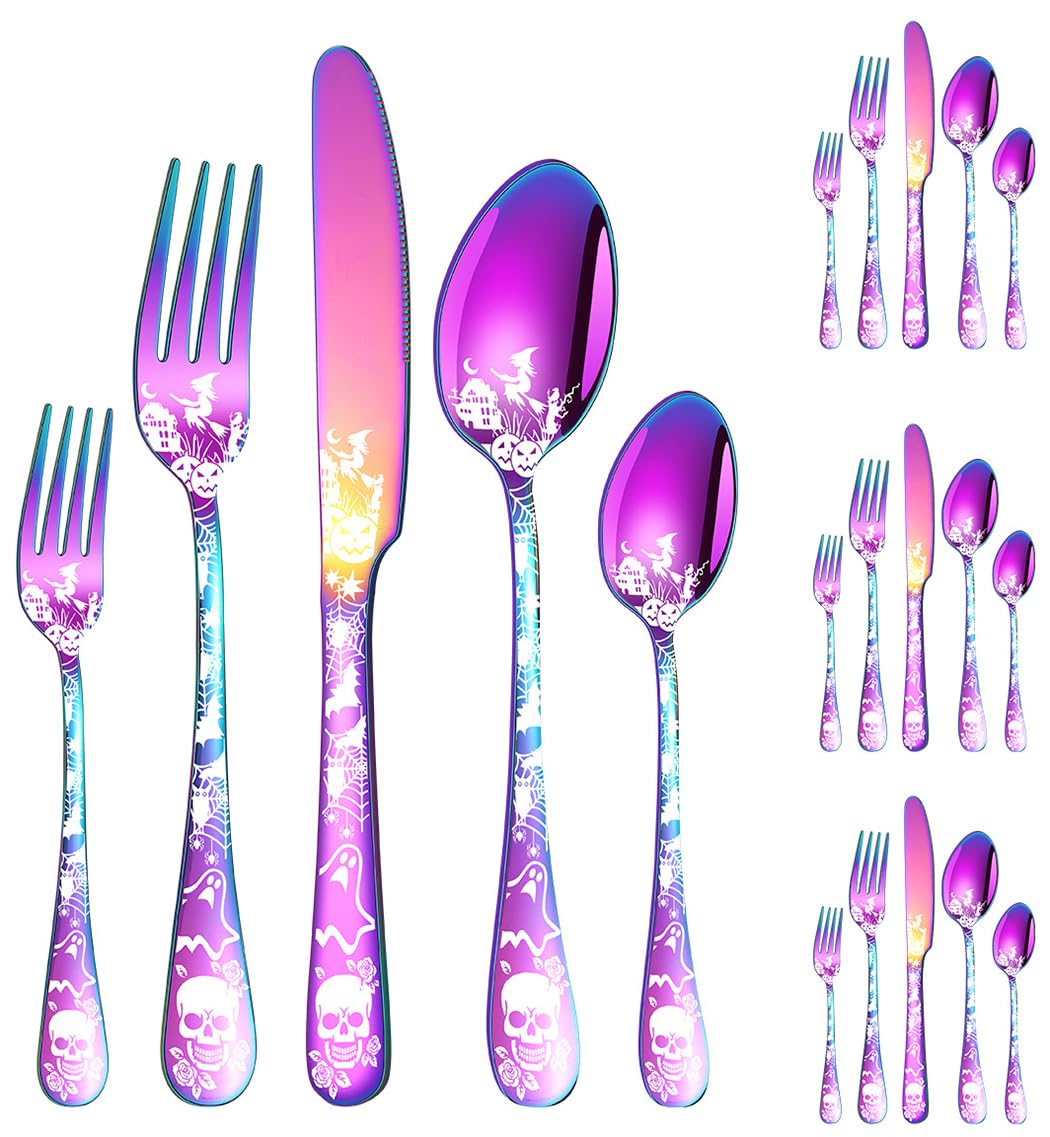 XIAOYU Halloween Themed Skeleton Silverware Set for 4, 20-Piece Stainless Steel Flatware Set, Gothic Skeleton Pattern Decorative Cutlery Set, Halloween Easter and Christmas Tableware, Rainbow