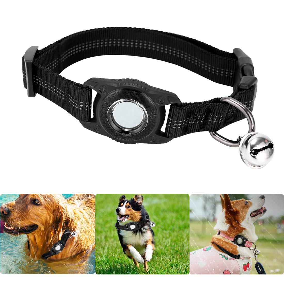 Dog Ribbon with AirTag,Airtag Dog Collar for Waterproof,AirTag Pets Anti-drop,AirTag Dog Leash,Pet Collar Case Anti-Lost Air Tag Case Holder and Dog/Cat Collars Loop Accessories (Black-M)