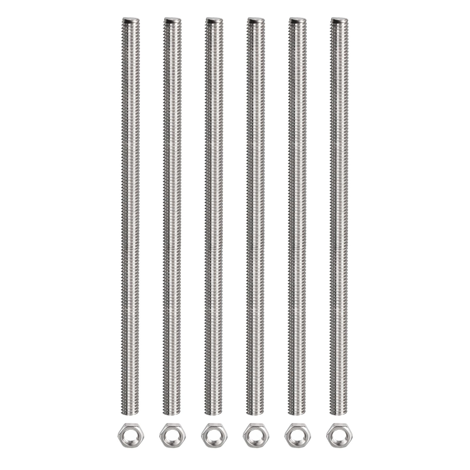 Rebower Fully Threaded Rod (with 6 Pcs Hex Nuts),Stainless Steel Fully Threads Studs[for Assembly Fastening] - M5 x 200mm,0.8mm Pitch/ Silver/ 6 Pcs