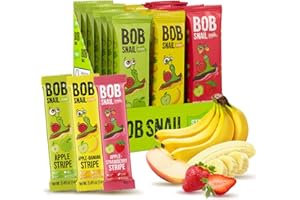 BOB SNAIL Healthy Organic Fruit Snacks for Kids and Adults – 30 Organic Fruit Leather Snacks with Apple, Banana, Strawberry – Vegan Low-Carb Variety Pack Strips for Kids – Sugar Free Jerky Bars