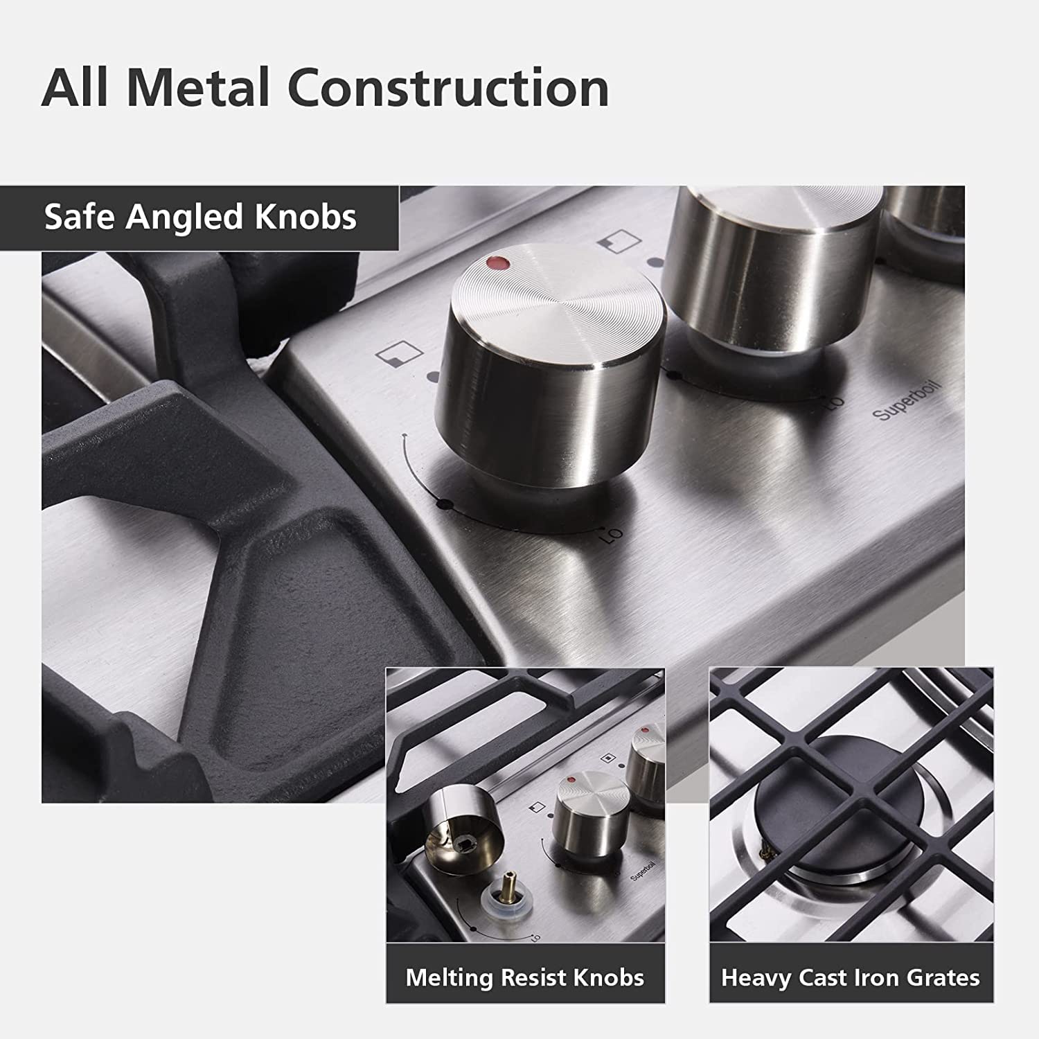 Trifecte 30 Inch Stainless Steel Gas Cooktop, Built-in Gas Stove Top with 5 Italy SABAF Sealed Burners Dual Fuel NG/LPG Convertible Gas Hob with Thermocouple Protection (Gas Regulator Not Included)