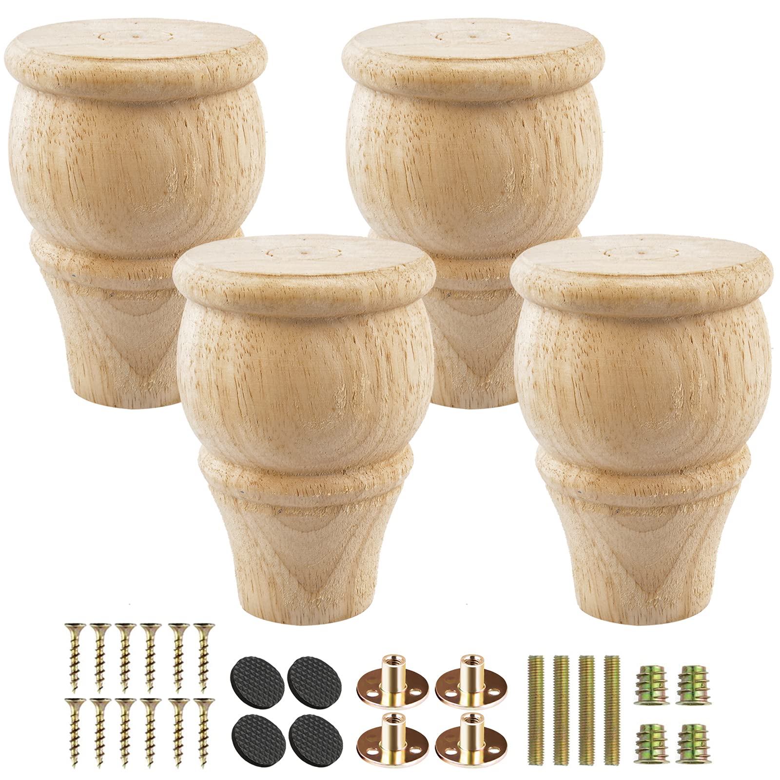 TCHOSUZ 4 Inch Wooden Furniture Legs, Pack of 4 - Unfinished Solid Wood Bun Feet with M8 Hanger Bolts & T-Nuts for DIY Installation - Furniture Replacement & Riser for Sofa Cabinet Ottoman Dresser