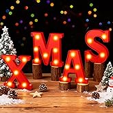 XMAS Christmas Light Up Letter Table Decorations, LED Marquee Lights Sign for Indoor Outdoor Home Bedroom Fireplace Bar Xmas Party Decor