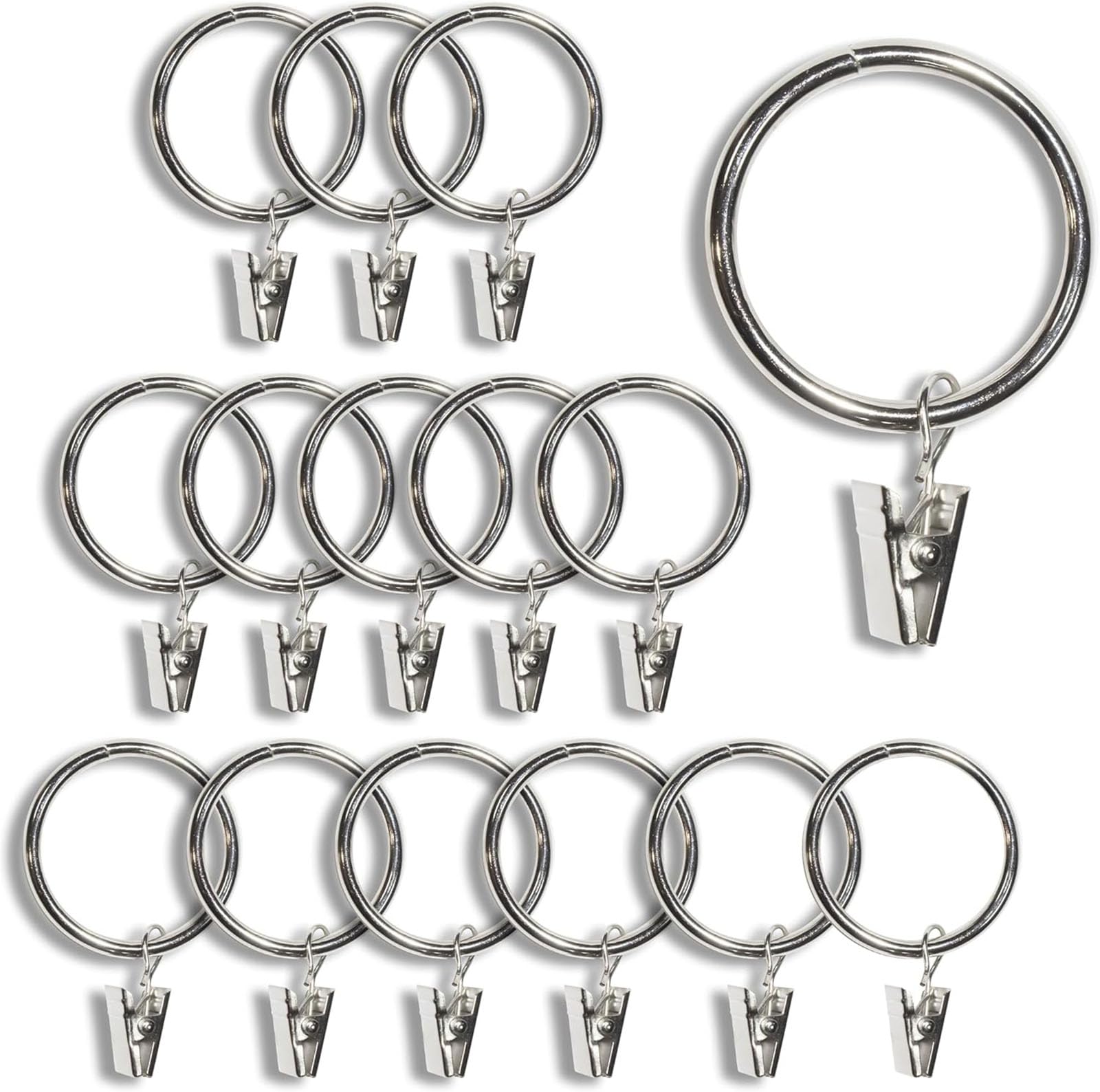 TA-VIGOR 24Pcs Curtain Rings with Clips, 38mm Inner Dia Metal Drapery Ring, Decorative Hanger Ring Hook Clip for Drapery, Windows, Bathroom, Home Kitchen, Silver