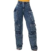 Women's Mid Rise Cargo Jeans Straight Wide Leg Baggy Jean Casual Y2K Streetwear Denim Pants