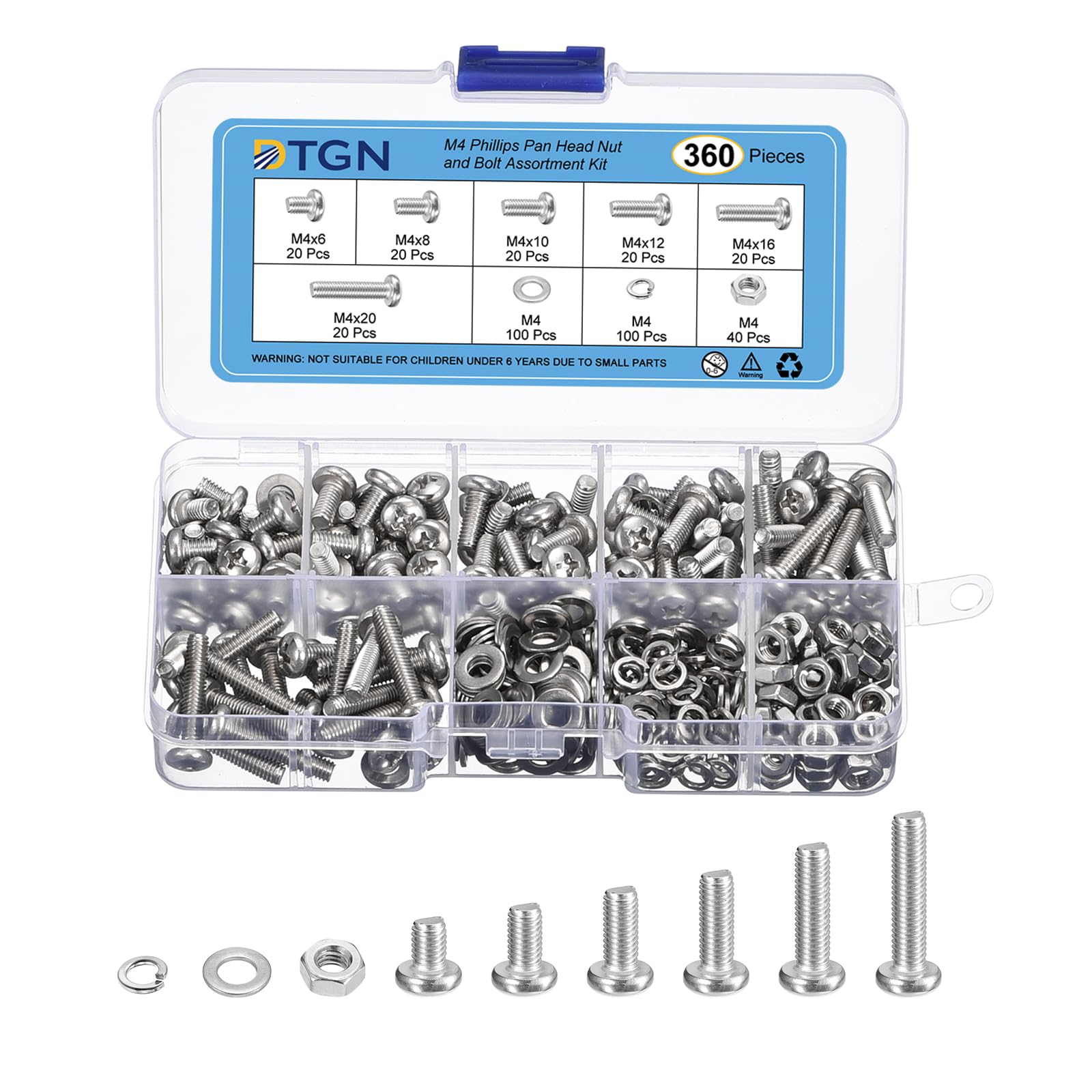 DTGN 360Pcs Machine Screws Assortment Kit, M4 Phillips Pan Head Nut and Bolt Assortment Kit, M4x6/8/10/12/16/20mm Metric Bolt Assortment, 304 Stainless Steel With Washers