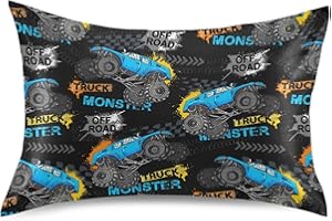 KOPIRIT Monster Truck Tires Pillow Covers Silk Pillowcase for Hair and Skin Soft Breathable Smooth Cooling Satin Pillowcase Standard Size Pillow Case for Sleeping Women Boys Girls Room (20x26 Inch)