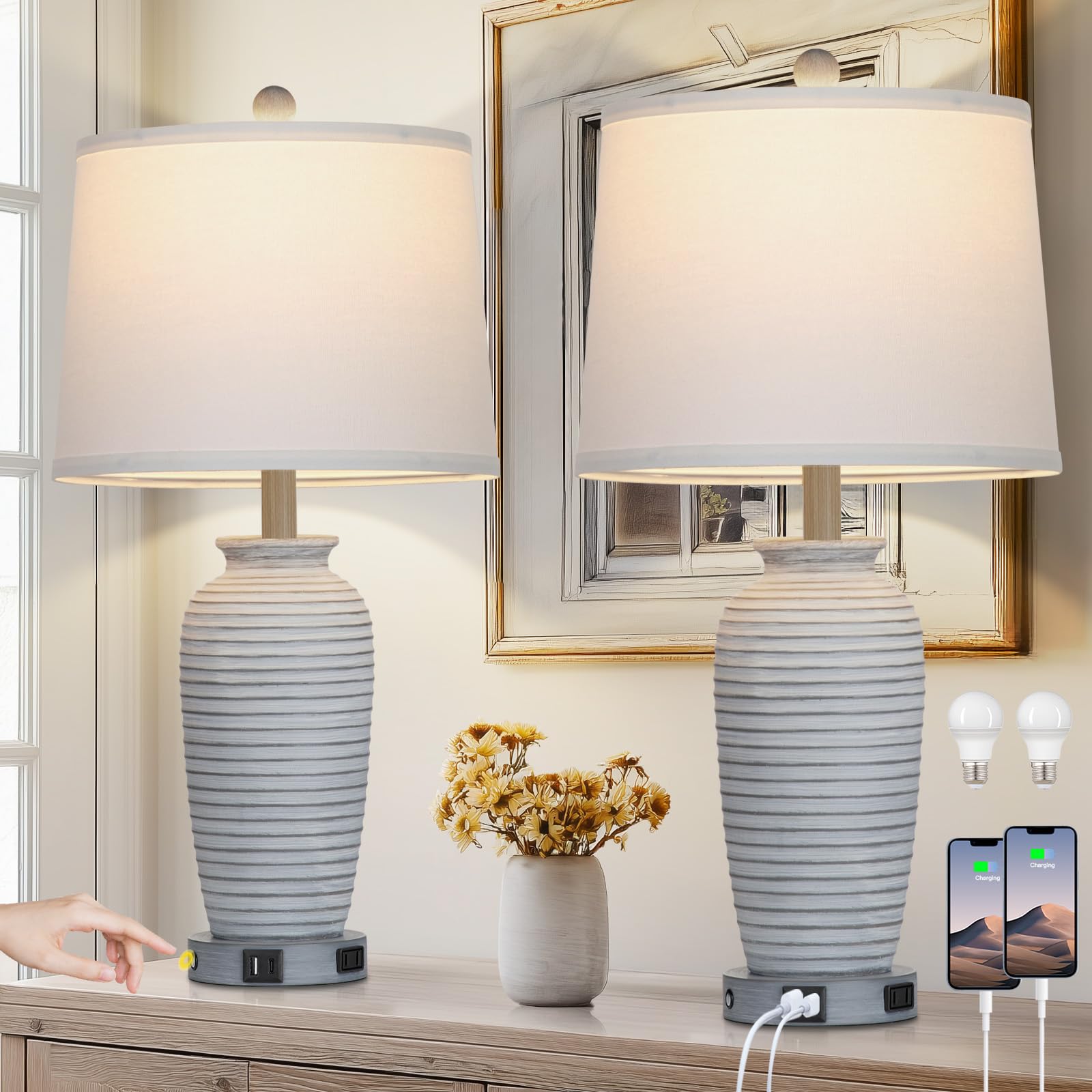 Photo 1 of CINSARY 25" Farmhouse Jar Table Lamps Set of 2, 3 Way Touch Control Rustic Bedside Lamps with USB A+C Ports & AC Outlet, Pot Nightstand Lamps for Bedroom Living Room (LED Bulbs Included)