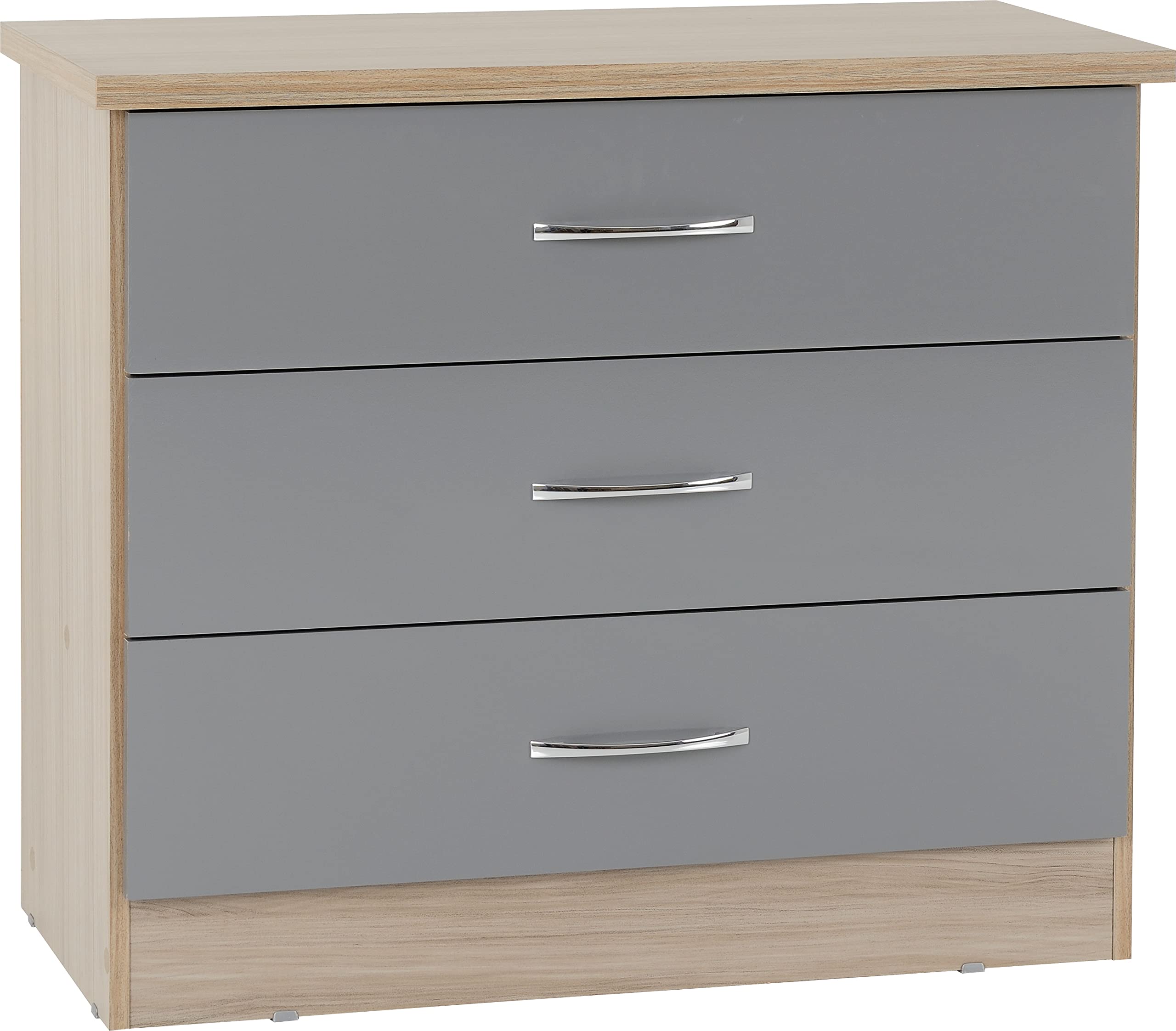 Kelsey Stores Nevada Chest Of Drawers 3 Drawer Storage Cabinet Chest With Metal Handles (Grey Gloss/Light Oak Effect Veneer)