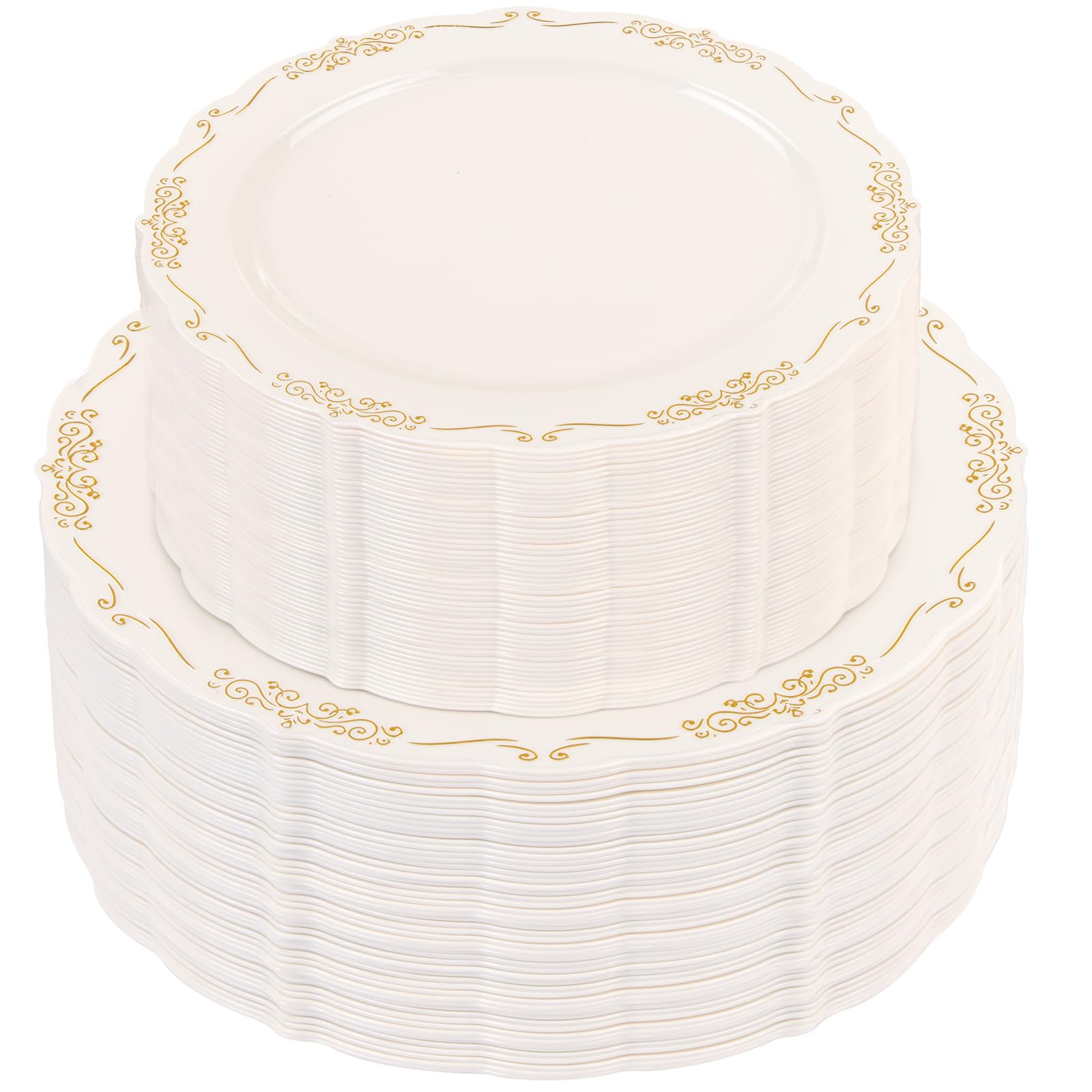 Photo 1 of U-QE 100 PCS Ivory Plastic Plates with Gold Rim - Gold Plastic Plates for Party - Heavy Duty Disposable Use Including 50 10 '' & 50 7.5 ''