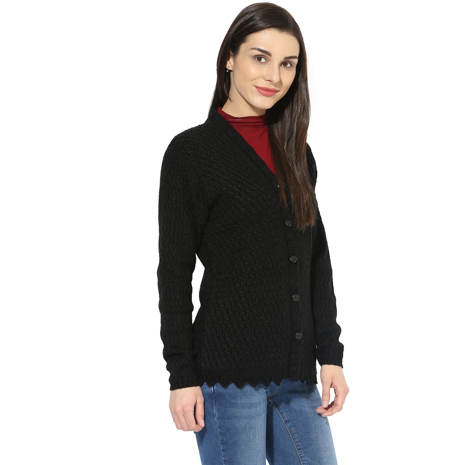 one femme women's woollen self-design solid color cardigan
