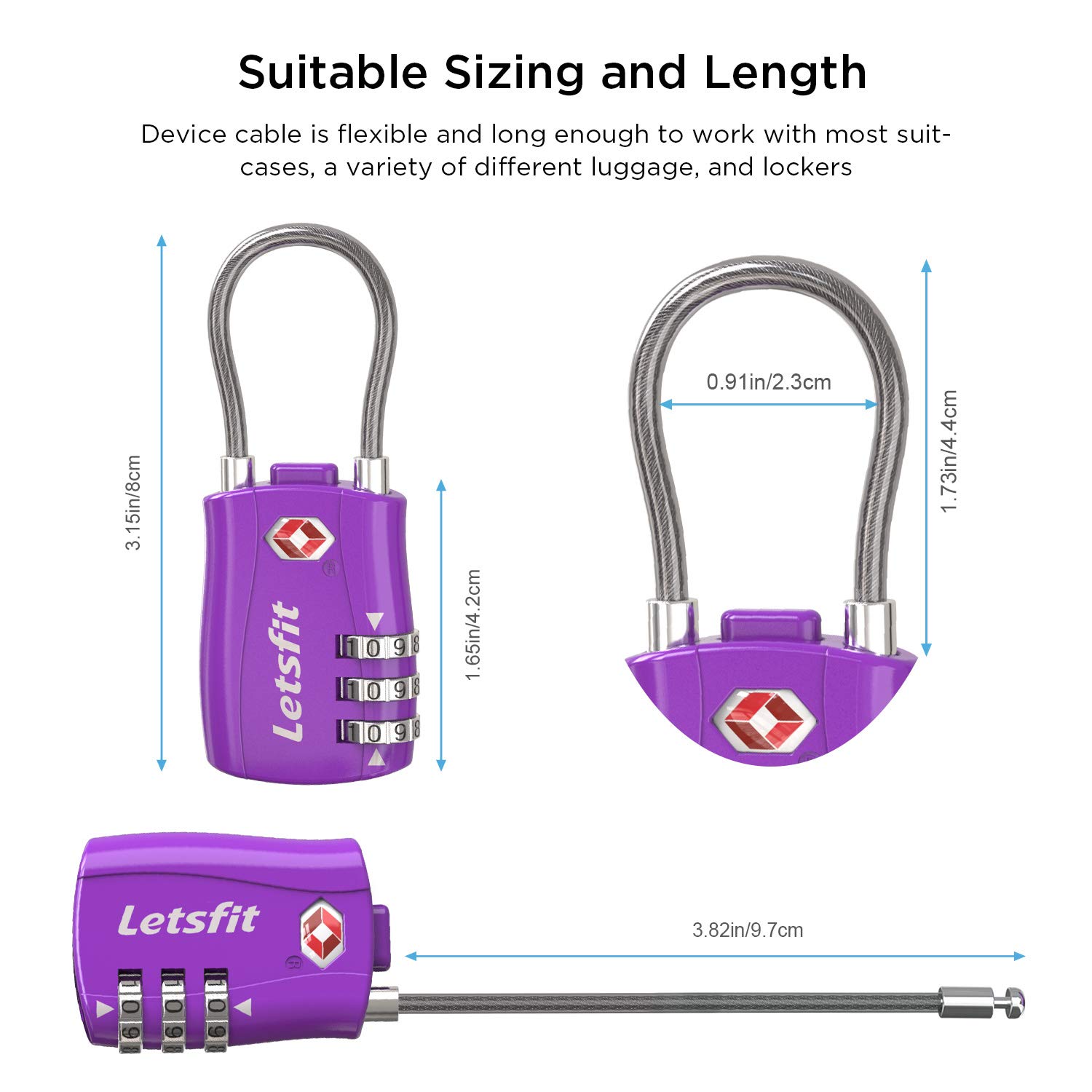 TSA Approved Luggage Locks, Letsfit Travel Combination Cable Luggage Locks, Easy Read Dials, Alloy Body - Ideal for Travel, Lockers, Bags, 4 Pack Purple