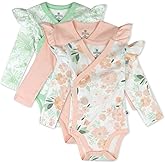 3 Pack Long Sleeve Side Snap Ruffle Shoulder Bodysuit 100% Organic Cotton for Infant Baby and Toddler Girls
