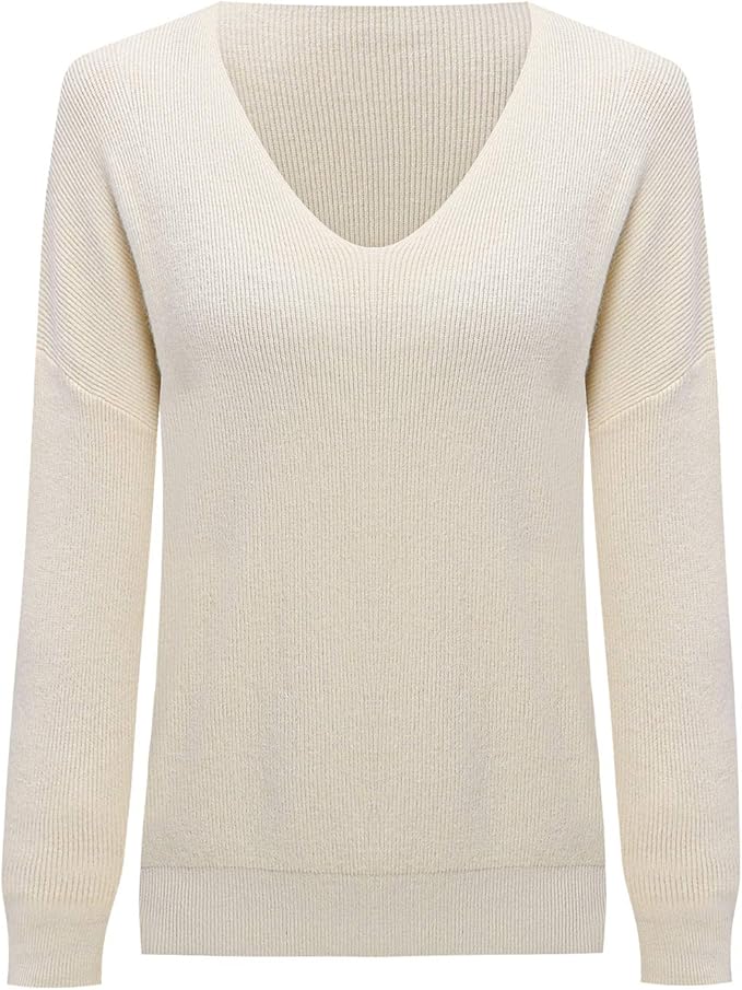 Women's Casual VNeck Sweater Classic Slim Knit (OffWhite, Medium