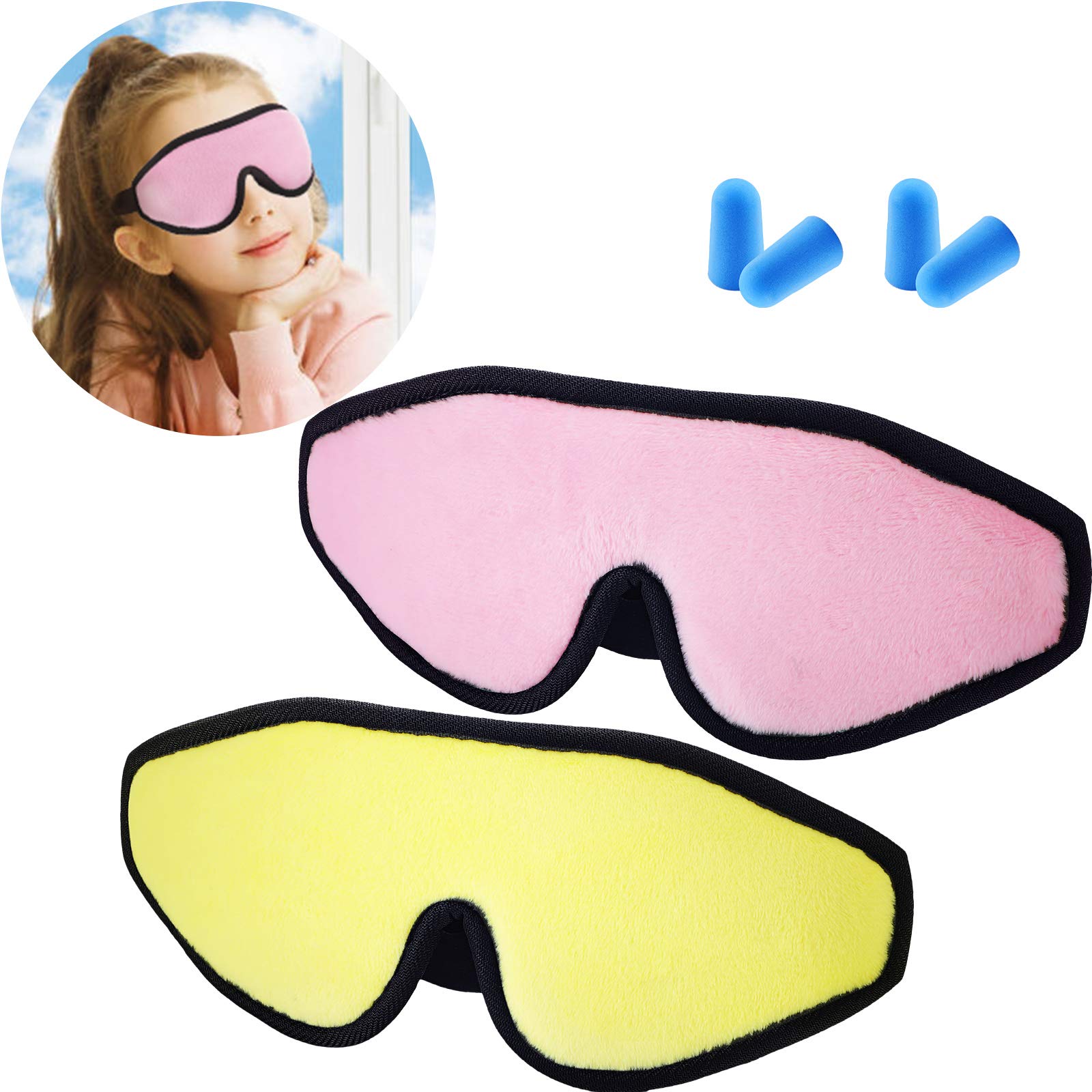 Photo 1 of 2 Pieces 3D Sleep Mask for Kids Memory Foam Contoured Eye Mask, Travel Sleep Eye Cover with Adjustable Strap, 3D Blindfolds(Pink and Yellow)