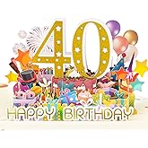 Magic Ants 40th Birthday Pop Up Card, 3D Greeting Card for Men and Women with Glitter Gold “40”, Balloons, and Cake with Blank Note Card and Envelope