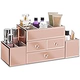 Beautify Large Mirrored Rose Gold Glass Jewelry Box & Cosmetic Makeup Organizer with 3 Drawers and 9 Sections