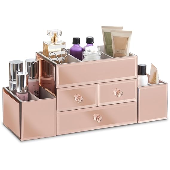 Beautify Rose Gold Mirrored Glass Jewellery Box & Makeup Organiser with