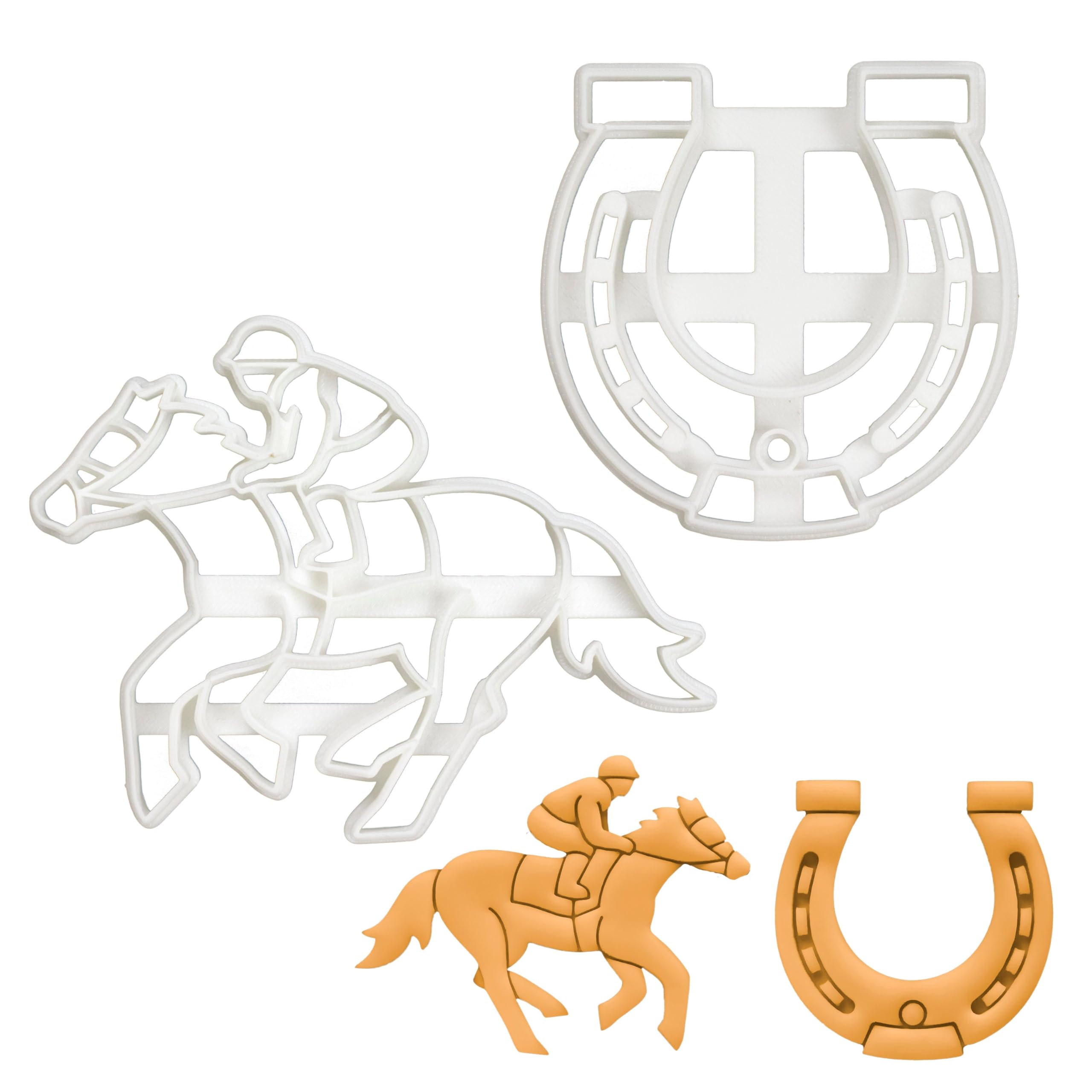BAKERLOGY Set of 2 Jockey Cookie Cutters (Designs: Jockey and Horse Shoe) - Detailed Biscuit Cutter Design for Baking and Crafts, Ideal on Fondant, Dough, Clay