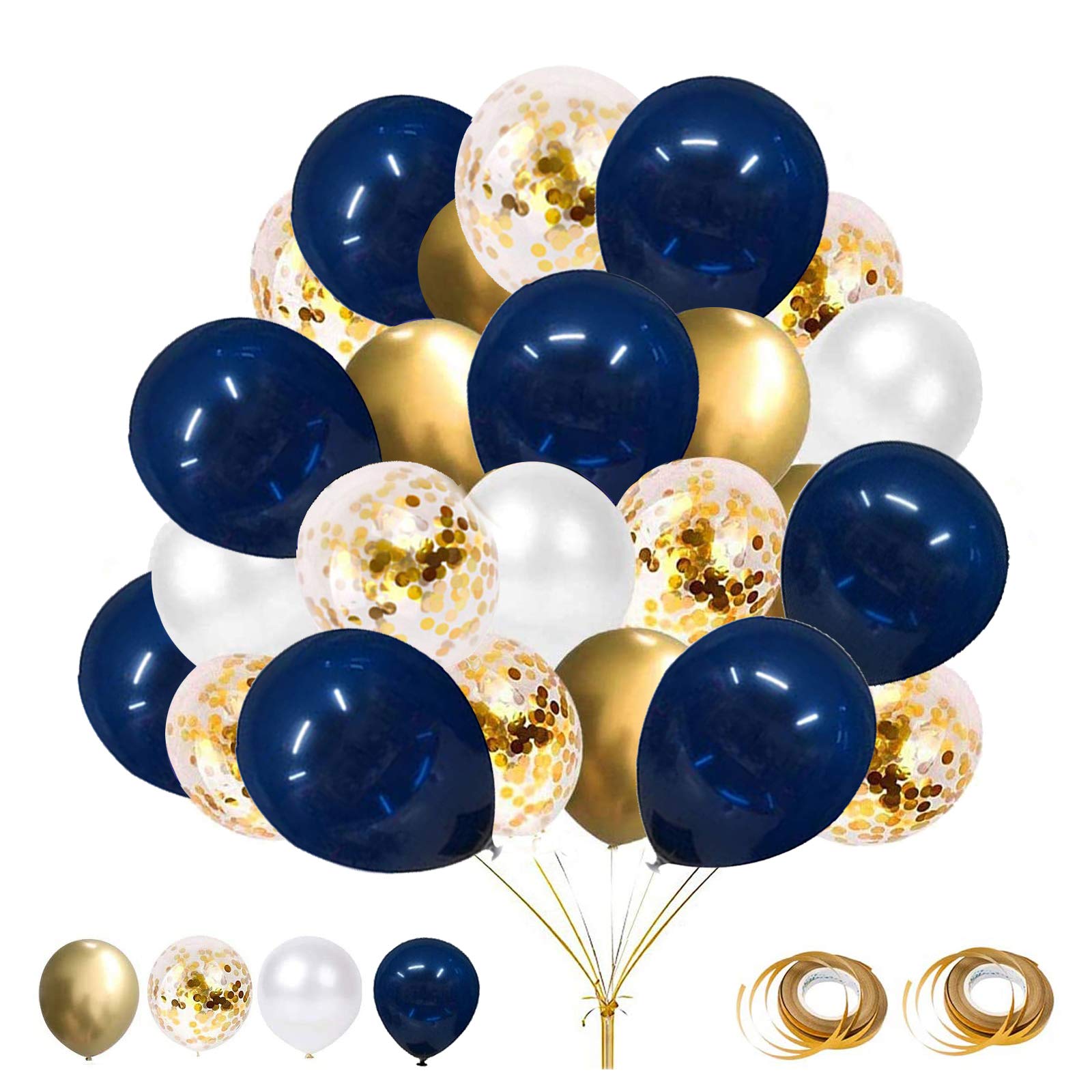 Flow.month 60pc Balloons Set - 12 Inch Navy Blue, Gold Metallic, White Latex, Confetti & Helium Balloons for Wedding & Birthday Parties