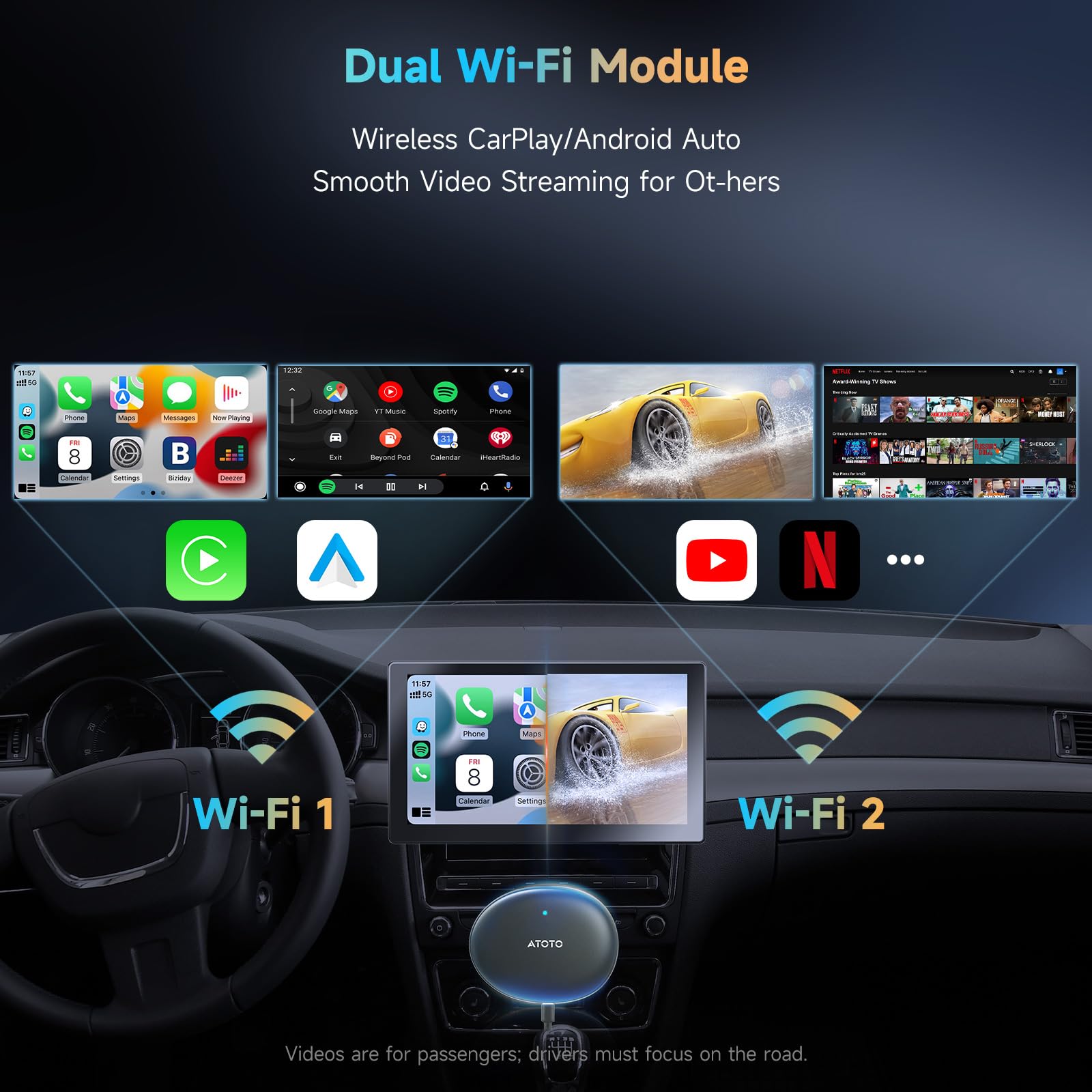 Wireless CarPlay Adapter Android Auto - Smart AI Magic Video Box with Built-in Android Multimedia System, Enjoy Video & Music Apps, Navigation, AI Voice, Plug & Play for Factory Wired CarPlay Car