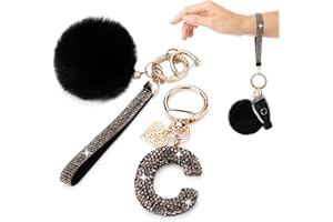 HONYJOOM Initial Letter Keychain for Women Girl Bling Rhinestone Sparkly Bag Backpack Purse Charm Cute Pom Pom Key Chain Wristlet