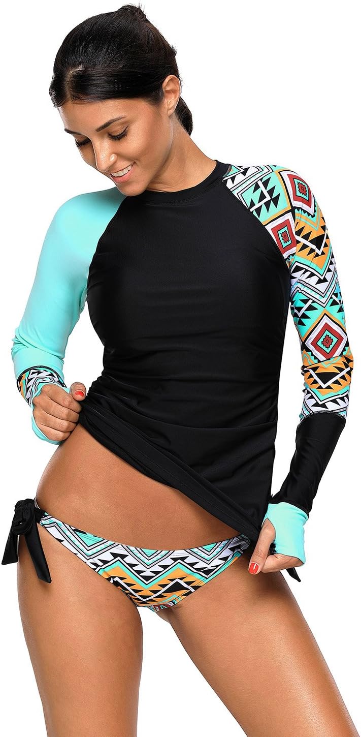 Womens Long Sleeve Rash Vest Guard Top Sun Protection Tankini Sets Swimwear Swimsuit