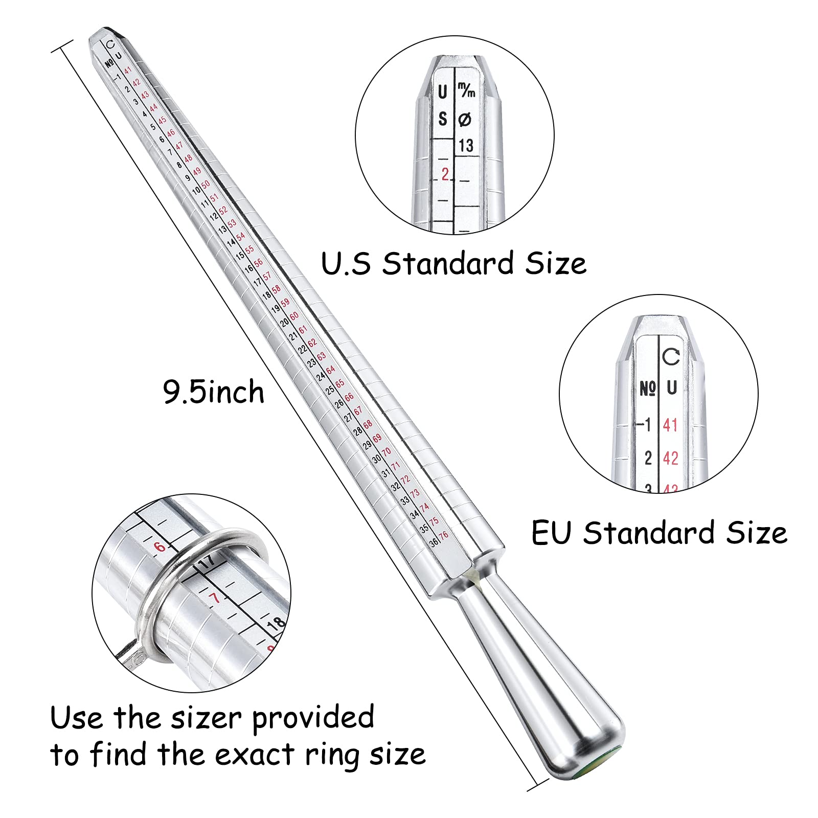 Ring Sizer Measuring Tool, NuLink Aluminum Ring Mandrel Dual Measurement Size Metal Rings Sizers Tools Kit Adjuster for Women Men Rings