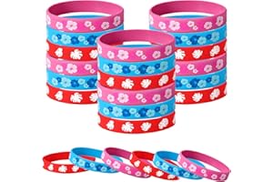 SAVITA 24pcs Anime Silicone Bracelets, Cute Cartoon Theme Flower Print Rubber Wristbands Hawaiian Red Blue and Pink Themed Pa