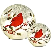 BERSCAH Glass Ball Light Crackle LED Night Light Red Birds Pattern Globe Glass Table Lamp, Orb Cardinal Night Light for Outdoor Decorations Pathway Patio Yard Lawn Bedroom - 2 Pack