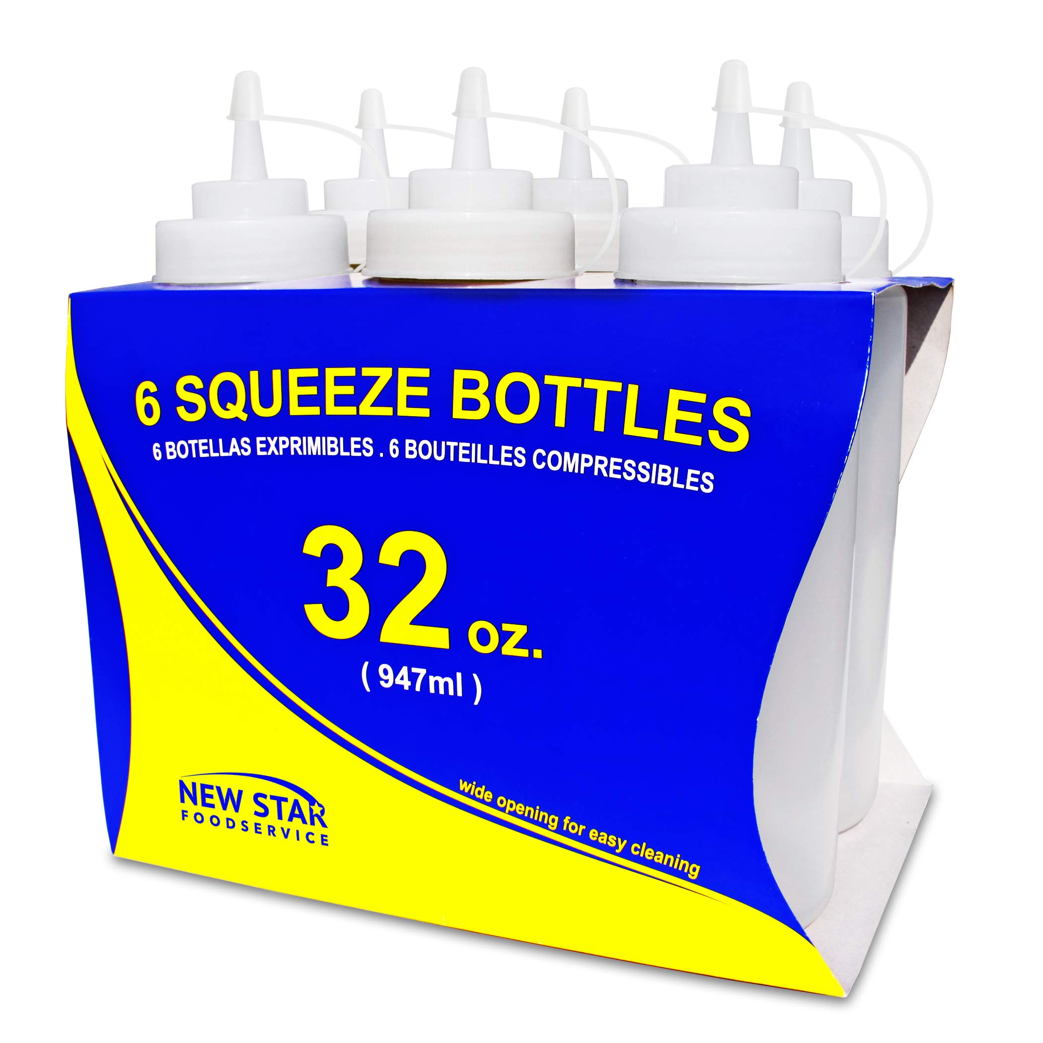 Photo 1 of New Star Foodservice Squeeze Bottles, Plastic, Wide Mouth, 32 oz, Clear, Pack of 6